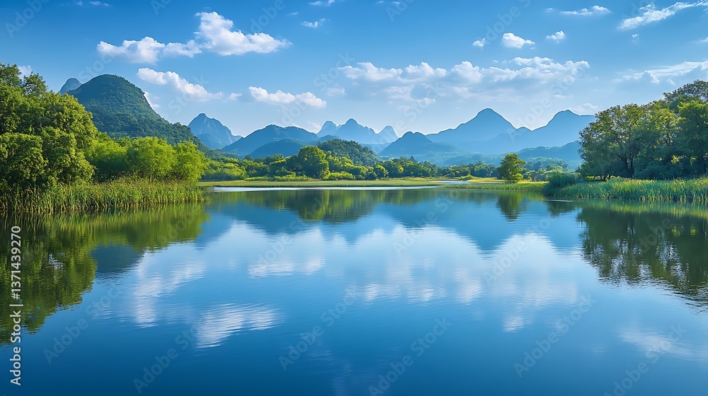 Fototapeta premium Serene Lake and Mountain Landscape under Blue Sky / 青空の下の穏やかな湖と山の風景