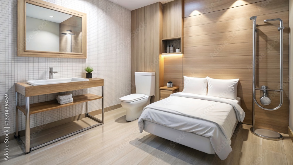 Fototapeta premium Accessible Hotel Room: ADA Compliant Bathroom Grab Bars & Comfortable Bed