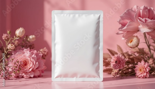 Elegant White Sheet Mask Packaging Mockup with Floral Pink Background – Beauty and Skincare Product Branding