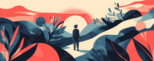 Dreamy landscape with solitary figure at sunrise or sunset, nature scene vector