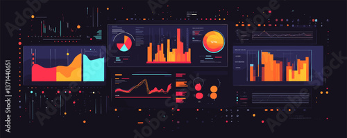 Interactive data dashboard with vibrant charts and graphs for analysis - vector