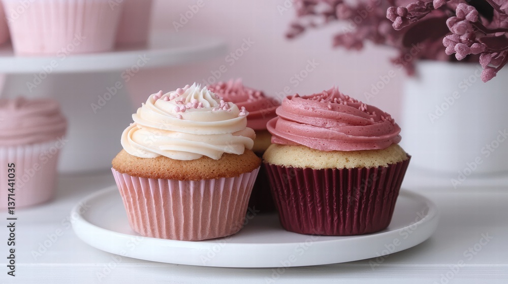 Delicious pastel cupcakes with creamy frosting on white plate Delicious pastel cupcakes with creamy frosting on white plate