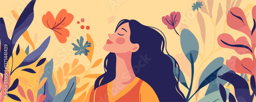 Serene woman amidst vibrant foliage and flowers - vector