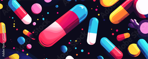 Colorful medicine capsules and tablets floating on dark background, vector art