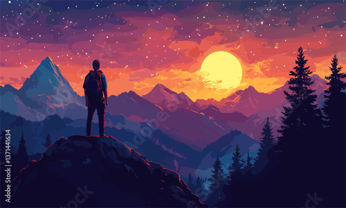 Adventurer watching sunset over mountain range in stargazing forest scene - vector