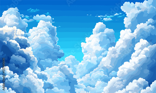 Vibrant blue sky with fluffy white clouds, clear atmosphere in vector