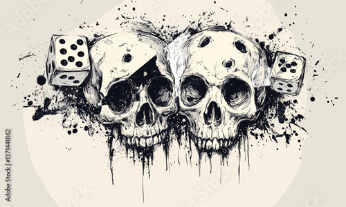 Sketchy skulls and dice with ink splash background - vector