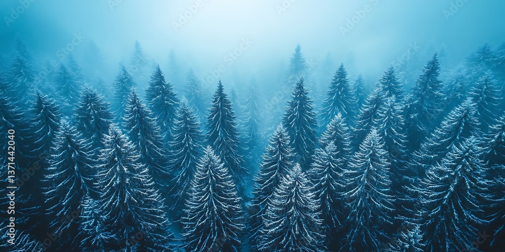 Dense forest of evergreen trees covered in snow and fog Dense forest of evergreen trees covered in snow and fog