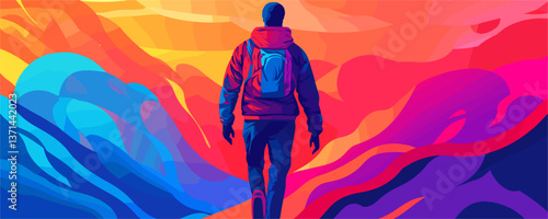 Colorful abstract landscape with man in vibrant jacket and backpack, surreal art vector