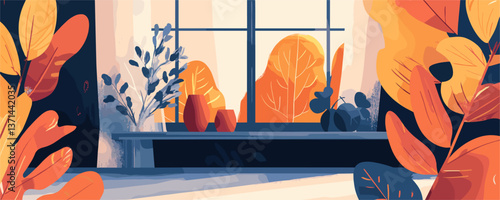 Cozy window view with autumn leaves and plants indoors - vector