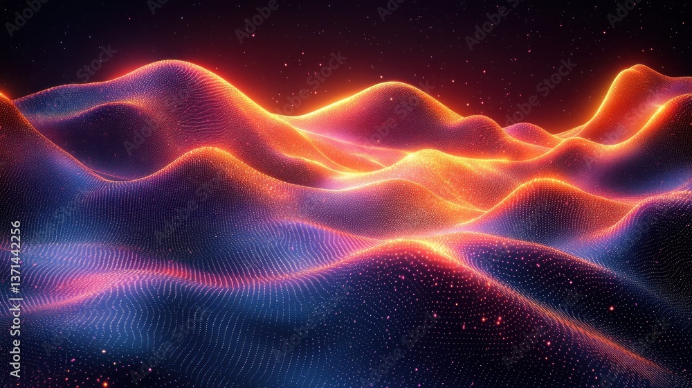 Fototapeta premium Abstract digital landscape with glowing hills; stars in the night sky