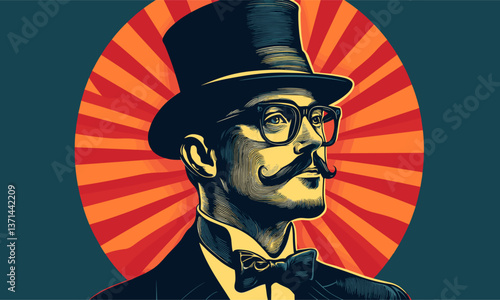 Retro gentleman with top hat and mustache against radiant background - vector