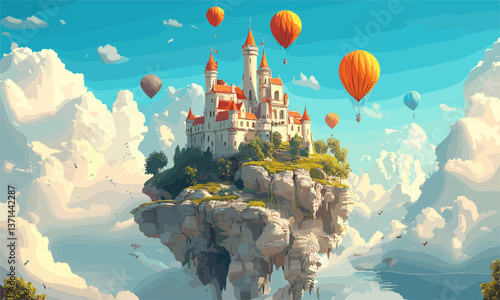 Majestic floating castle with hot air balloons in cloudy sky - vector