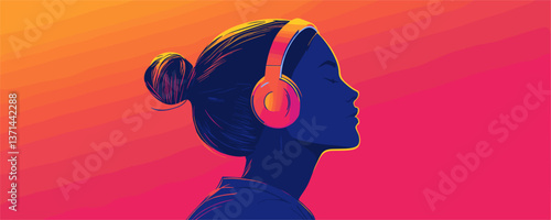 Side profile of woman with headphones in colorful gradient background - vector