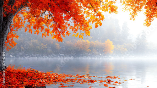 Autumn Lake: Red and Orange Leaves on a Misty River