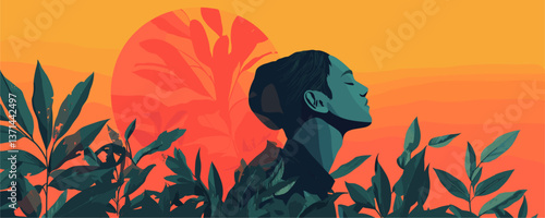Tranquil woman among leaves in sunset silhouette - vector