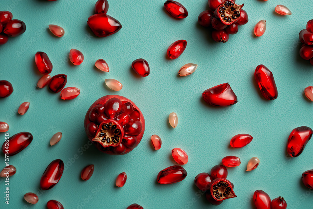 Bright red pomegranate seeds and fruit pieces scattered on a blue background create a vibrant and fresh, natural food pattern. Bright red pomegranate seeds and fruit pieces scattered on a blue background create a vibrant and fresh, natural food pattern.