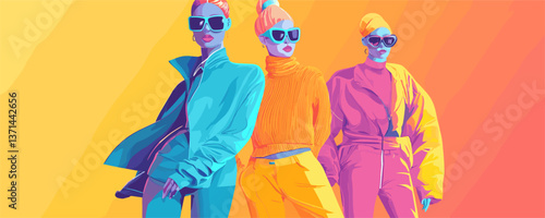 Three stylish women in vibrant fashion with sunglasses on gradient background, vector