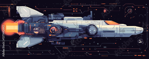 Futuristic spaceship traveling in outer space with neon elements, sci-fi technology vector