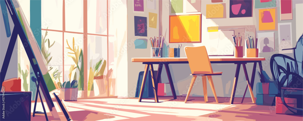 Obraz premium Bright art studio with sunlight and creative supplies, indoor plants, and inspirational decor vector