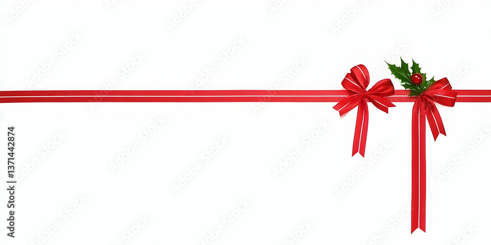 Photo of Red Ribbons and Bows with Berries and Leaves on White Photo of Red Ribbons and Bows with Berries and Leaves on White