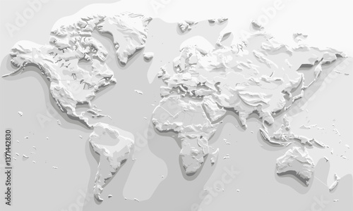 Detailed white 3d world map with continent elevations vector
