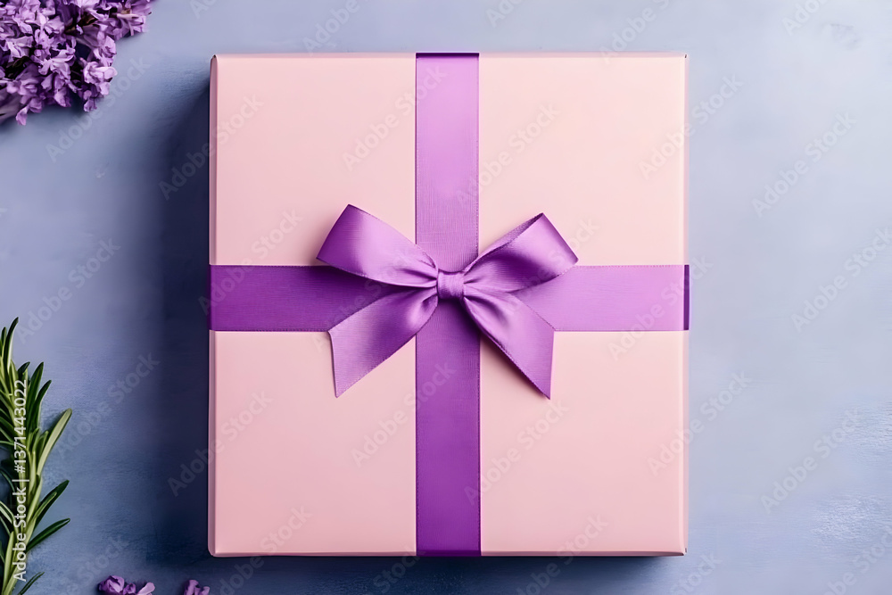 Photo Of Pink Gift Box With Purple Ribbon And Flowers On Blue Background Photo Of Pink Gift Box With Purple Ribbon And Flowers On Blue Background