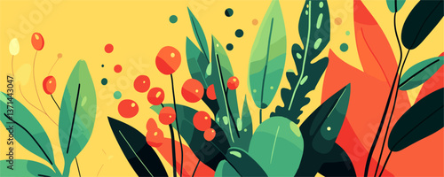 Vibrant tropical foliage with bright red berries on yellow background, nature-inspired art vector