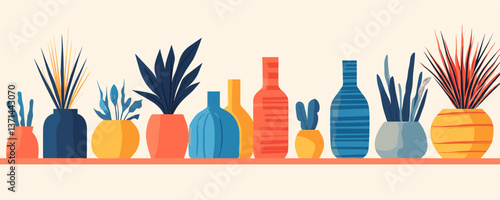 Colorful assorted potted plants and vases on shelf – vector