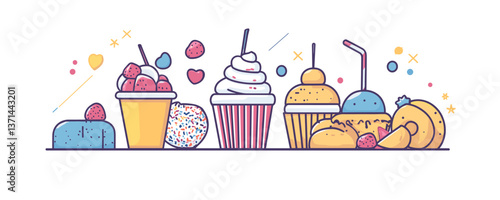 Colorful desserts scene with ice cream, cupcakes, and pastries - vector