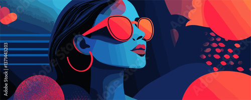 Stylish woman in sunglasses with abstract background and bright colors - vector