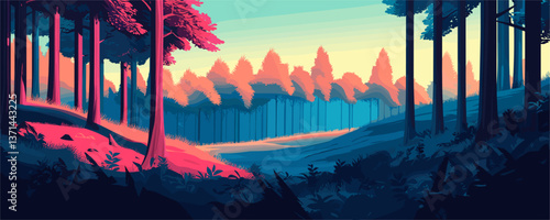 Serene forest at sunset with vibrant colors, idyllic landscape – vector
