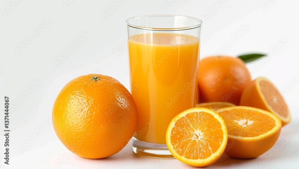 Isolated orange juice in a glass and oranges on a white background, detailed illustration, Isolated orange juice in a glass and oranges on a white background, detailed illustration,