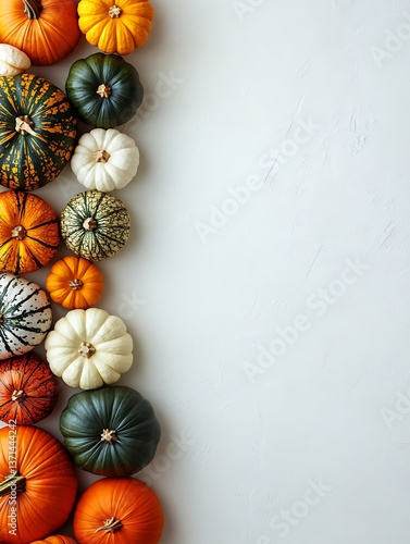 Pumpkins arranged, white background, autumn