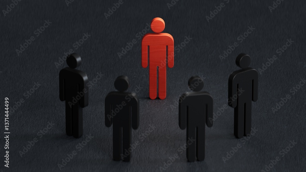 Wooden doll pawn piece outstanding. Leadership concept. Unique individuality and standing out of crowd.3D rendering on black background. Wooden doll pawn piece outstanding. Leadership concept. Unique individuality and standing out of crowd.3D rendering on black background.
