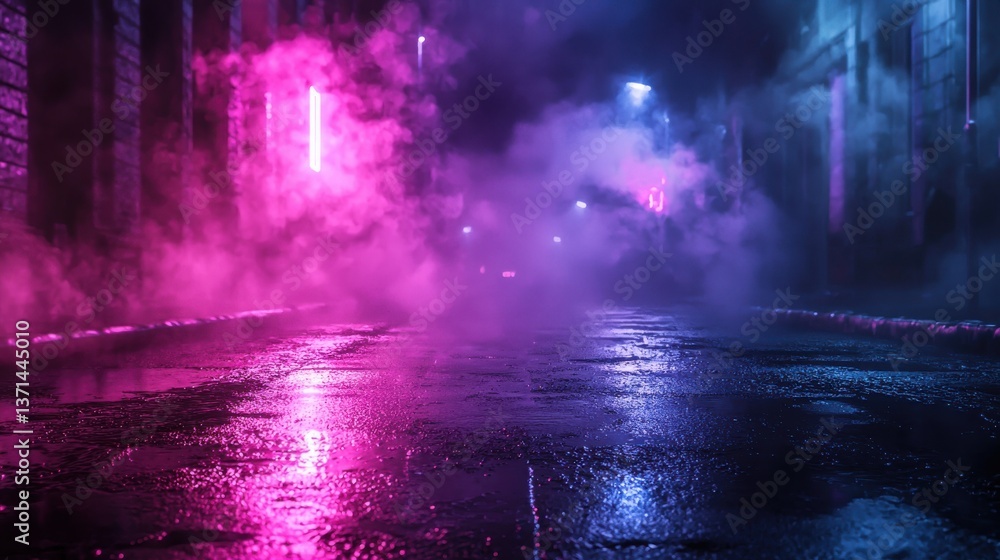 Wet asphalt, reflection of neon lights, a searchlight, smoke. Abstract light in a dark empty street with smoke, smog. Dark background scene of empty street, night view, night city. Wet asphalt, reflection of neon lights, a searchlight, smoke. Abstract light in a dark empty street with smoke, smog. Dark background scene of empty street, night view, night city.
