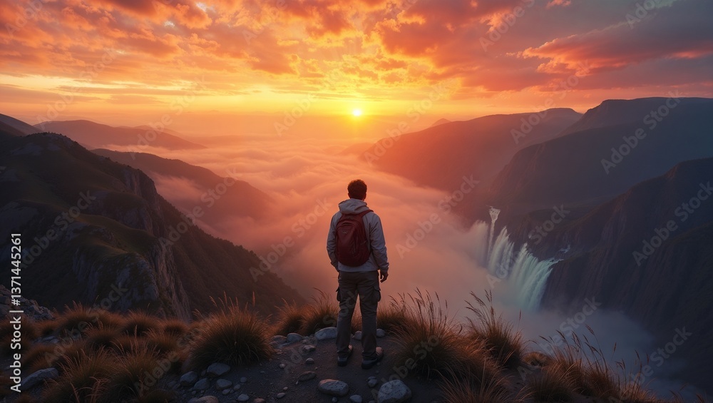 A person with a backpack stands on a mountaintop A person with a backpack stands on a mountaintop