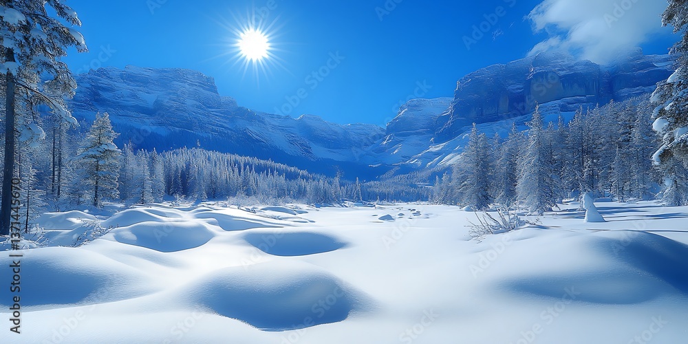 A bright winter scene shows snow mountains and sunlit sky A bright winter scene shows snow mountains and sunlit sky