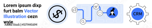 Dollar sign, data flow diagram connecting a user profile, CRM gear. Ideal for finance, business strategy, customer management, automation, CRM systems, user flow simple landing page