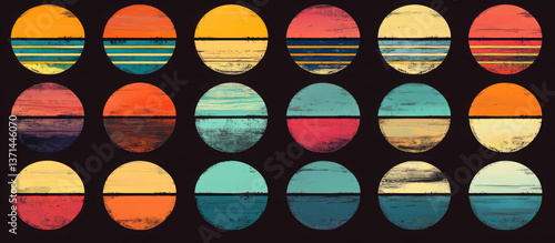 Sun 80s in retro style. Retro sunset collection. Set 