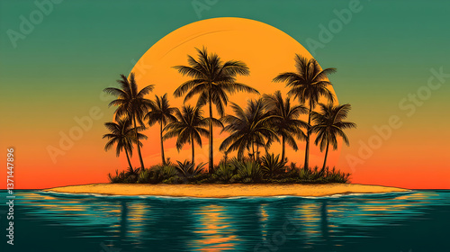 Pixelated Sunset Over Island With Palm Trees Photo