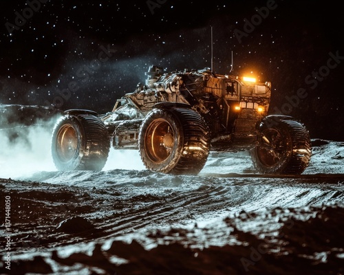 lunar rover traversing craters, capturing traces of moon dust unsettled by the rover's activity against a backdrop of silent craters