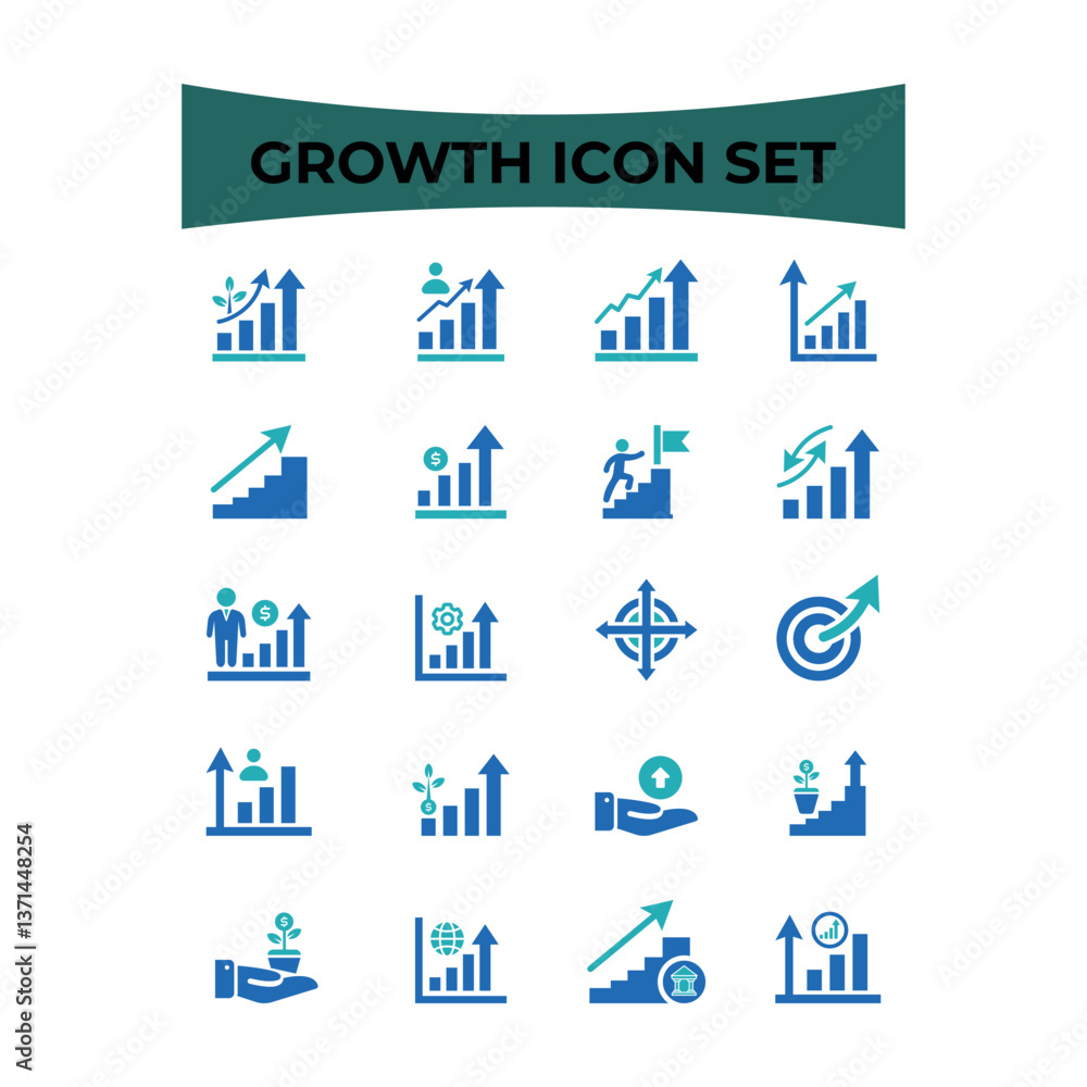Fototapeta premium Growth glyph solid icons. Containing increase, success, performance, statistics, analysis, chart, graphic solid icons collection. Success glyph solid icons. vector illustration.