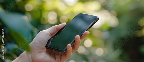 Hand holding mobile phone with blurry foliage background outdoors