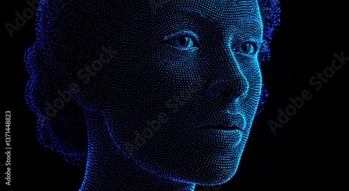 Illustration of the face of a woman, an art deco model of phoenetics and etymology dipped in neon deep blue ink, art made of neon dots, high quality