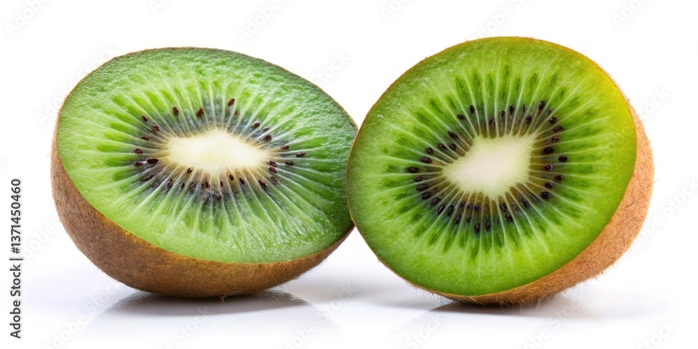 Fototapeta premium Half Kiwi Fruit, White Background, Food Photography, Closeup, Cut Kiwi, Kiwi Slice, Fresh Kiwi, Healthy Food