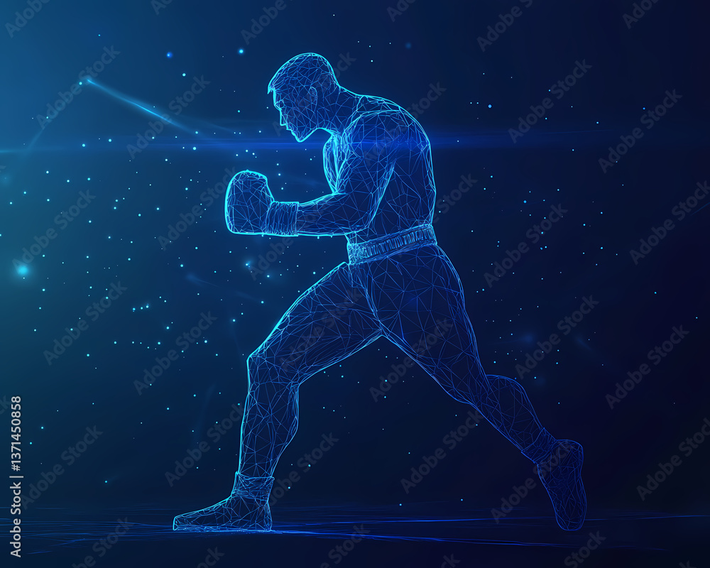 Fototapeta premium Energetic Boxer's Digital Form: A vibrant digital depiction of a boxer mid-action, combining artistic style with elements of modern technology and the intensity of sports.