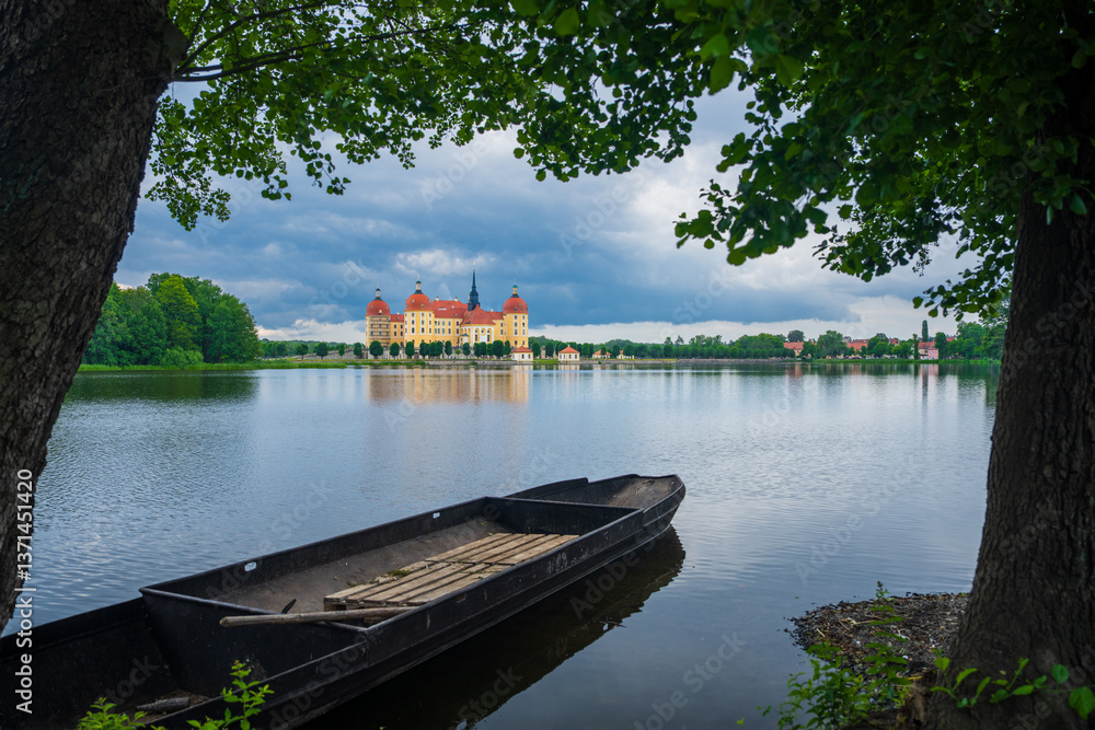 Fototapeta premium Majestic view of Moritzburg Castle near Dresden. Popular tourist destination. Location: Moritzburg, state of Saxony, Germany, Europe