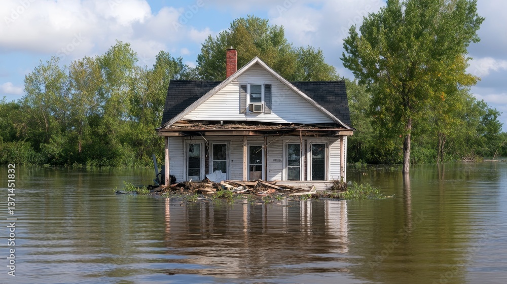 Flooded house after climate change water damage Flooded house after climate change water damage