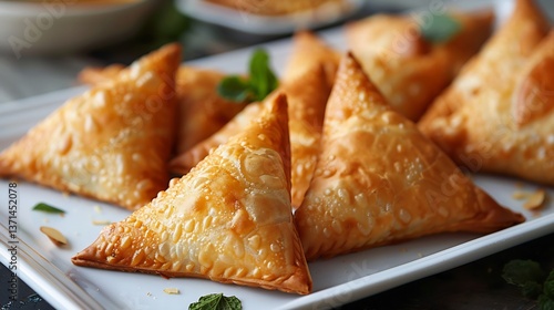 Tunisian samsa fried sweet pastries filled almonds arranged in triangle shapes on a white tray